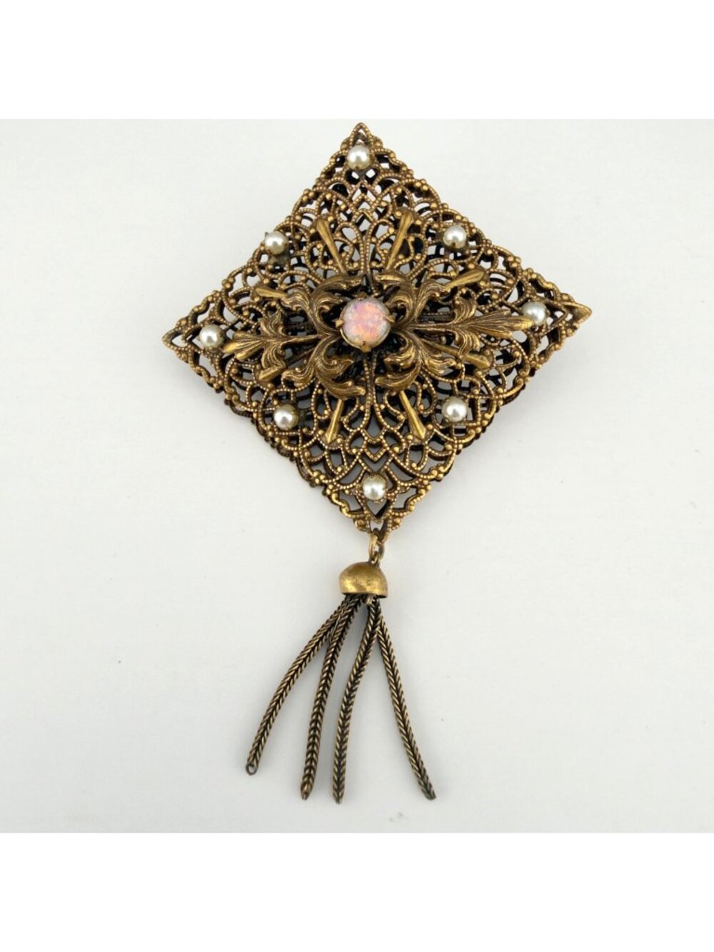 Vintage Victorian Revival Tassel Brooch Filigree Faux Pearls Opal Gold Tone